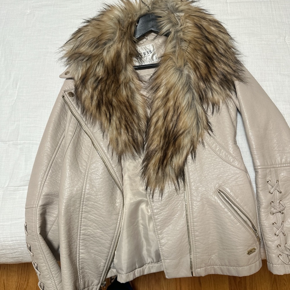 Guess Women's Leather Jacket with Faux Fur Collar - Cream and Brown
